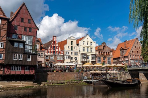 The old town of Lüneburg, Stintmarkt square on the Ilmenau river, historic harbour district, many