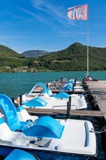Boat hire, pedal boats, Gretl am See lido on Lake Kaltern, near the village of Kaltern, in the