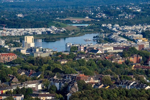 View over the south-east of Dortmund, across Hoetger Park to Lake Phoenix, North Rhine-Westphalia,