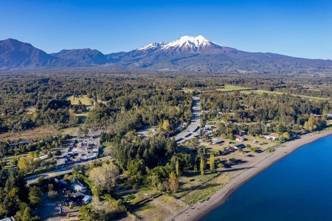 Aerial view of beach Playa Ensenada, lake Llanquihue, village Ensenada, chilenean lake district,