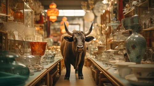 Very large bull with horns in a China shop filled with glassware. generative AI, AI generated