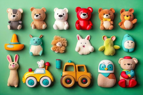 Flat lay of fun children toys for kindergarten with lots of copy space, AI generated