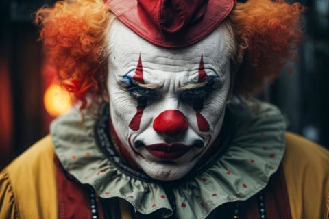 An evil clown with red hair and a red nose is wearing a yellow outfit. The clown has a sad