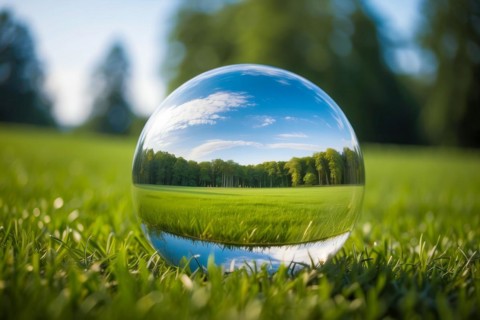 Glass sphere with forest reflected in it as an earth conservation concept, AI generated