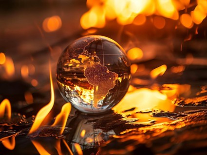 Burning globe, a concept of climate change, global warming and wildfires raging on earth, AI