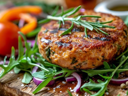 Fresh tasty organic healthy plant-based beef patties with onion, cheese and vegetables, AI