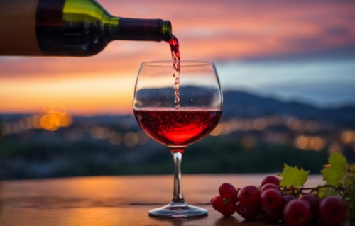 Red and white wine tasting at winery fields and grapevines, AI generated