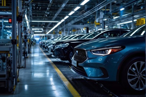 AI generated automotive assembly line in car manufacturing progression with automated machines