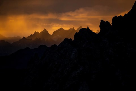 Montafon mountains with dramatic cloudy sky at sunrise, Tschagguns, Rätikon, Montafon, Vorarlberg,