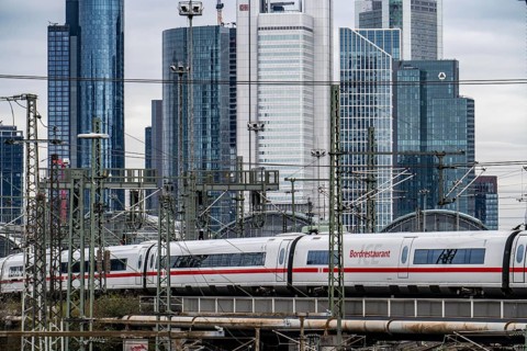 ICE train on the track in front of the main station of Frankfurt am Main, Skyline, Hesse, Germany,