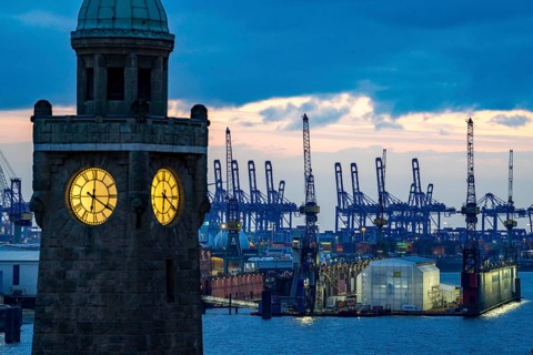 Port of Hamburg, view over the observation tower at the St. Pauli Landungsbrücken to the Blohm +