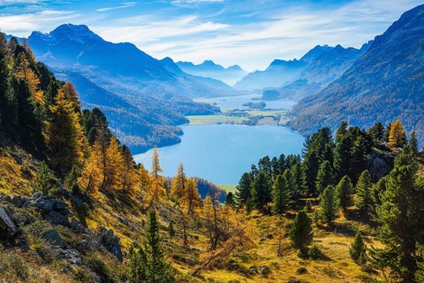Lake Silvaplana and Lake Sils, Upper Engadine, Graubünden, Switzerland, Europe