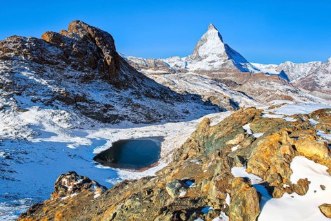 Matterhorn and mountain lake, Valais, Switzerland, Europe