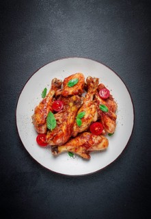 Fried chicken legs, in soy sauce, spices, herbs, top view, homemade