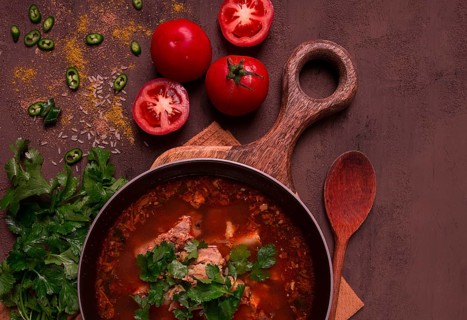 Kharcho soup, traditional Georgian dish, spicy soup, red, homemade, no people