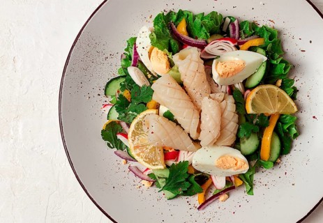 Salad of squid and vegetables, with egg, homemade, no people