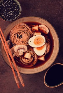 Asian soba soup, with mushrooms and egg, cheese, sesame seeds, homemade, no people