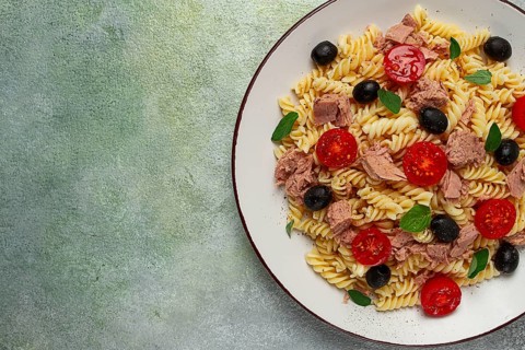 Tuna salad, fusilli pasta, olives and cherry, olive oil, homemade