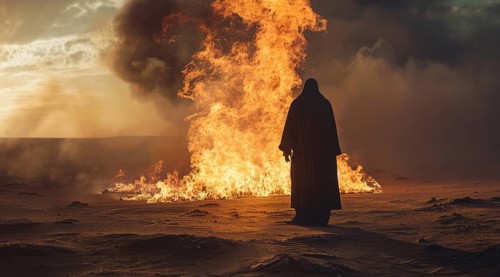 Moses looking at the burning bush. Bible stories and miracles, god manifestation, AI generated