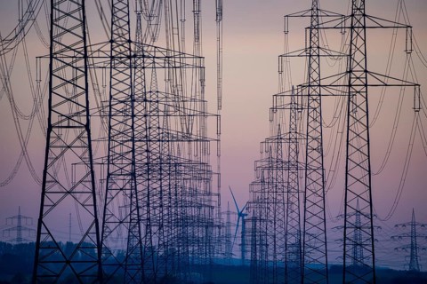 Extra-high-voltage lines, 380 KV, power line, wind turbine, the electricity comes from the Rhenish