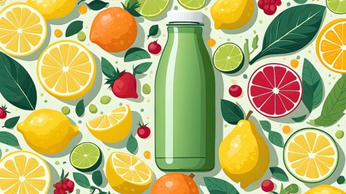 Abstract wallpaper of smoothie surrounded by an assortment of fruits and vegetables, AI generated