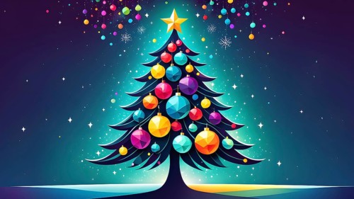 Abstract Christmas tree illustration with vibrant colors and geometric shapes, AI generated