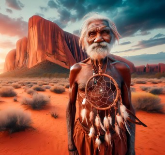 An old Aboriginal man in the desert in front of Ayers Rock, Uluru, portrait, AI generated, AI