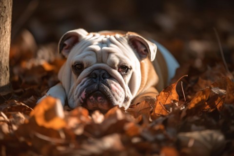 English Bulldog dog in colorful autumn leaves. KI generiert, generiert, AI generated