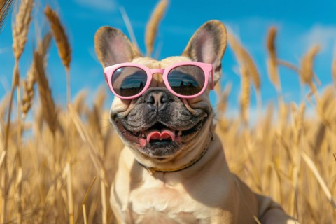 Cute and happy French Bulldog dog wearing pink sunglasses in summer in front of grain field and