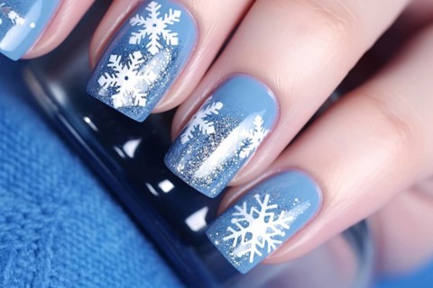 Woman's fingernails with blue winter snowflake design. AI generated