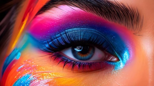 Close up of eye featuring vibrant colored eyelids with intense eye shadow, AI generated