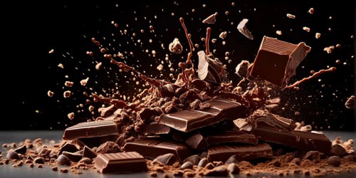 Milk chocolate bar exploding into fragments against a dark backdrop, AI generated