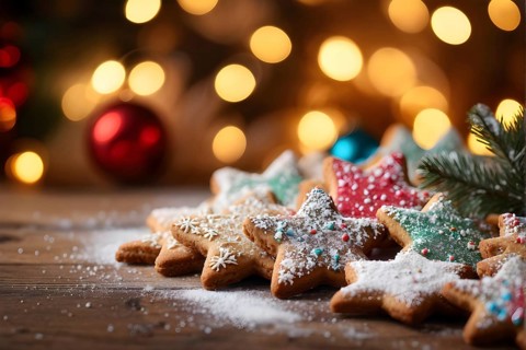 A detailed shot of Christmas cookies on a wooden table, featuring star-shaped cookies with colorful