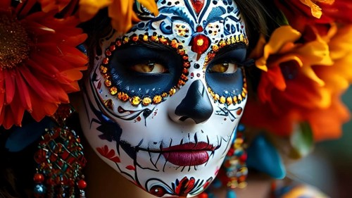 Woman in an extravagant dia de los muertos costume and a vibrant face makeup, AI generated
