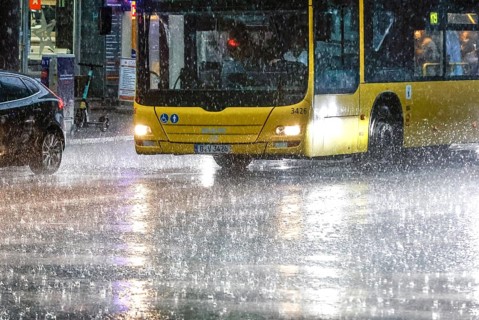 Heavy rain on Potsdamer Strasse. After weeks of heat, the first heavy rain and cooling, Berlin,