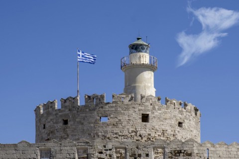 Agios Nikolaos Fortress with Lighthouse, Mandraki Harbour, Rhodes Town, Rhodes, Greece, Europe