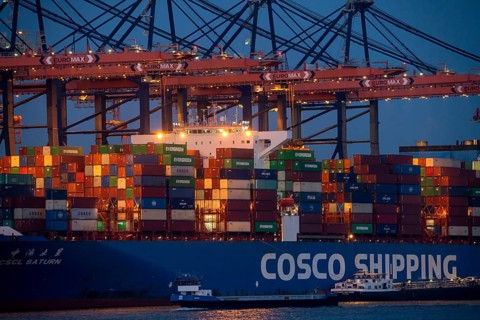 Container ship of the shipping company Cosco Shipping, CSCL SATURN, being loaded and unloaded,