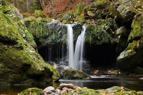 Waterfall falling into a moss-covered grotto, surrounded by autumn leaves, Bavarian Forest National