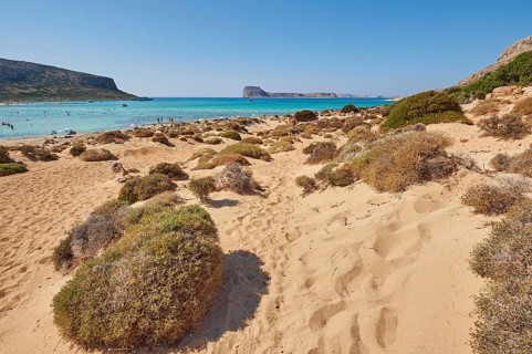 Landscape of the Balos Lagoon with Cape Tigani and Imeri Gramvousa, Gramvousa, Crete, Greece,