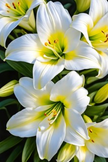 Blooming Easter lilies with soft white petals and a yellow center, bathed in gentle sunlight, AI