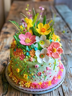 Decorated Easter cake with intricate icing flowers and colorful sprinkles, placed on a rustic