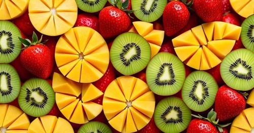 Colorful and artfully arranged slices of fruits like mangoes, strawberries, and kiwi, AI generated