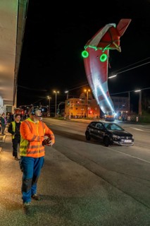 Transport of a 68 metre long, 22 tonne blade of a wind turbine, here in Schwelm, with a