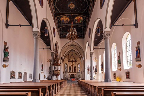 Interior view, St Peter and Paul Catholic Church, Oberstaufen, Oberallgäu, Bavaria, Germany, Europe