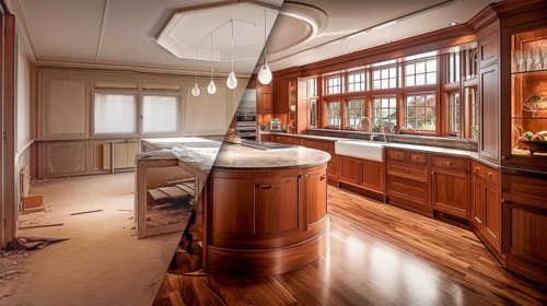 Luxurious custom kitchen upgrade interior before and after construction, generative AI, AI