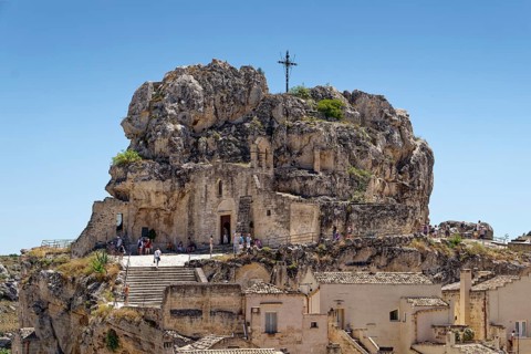 The rock church of Santa Maria dell'Idris towers over the Sasso Caveoso district of the cave town