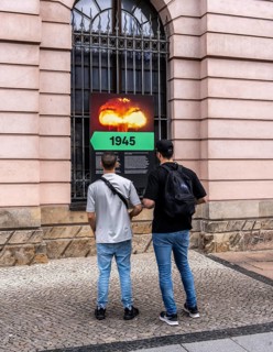 Exhibition information on the windows of the German Historical Museum, Berlin, Germany, Europe
