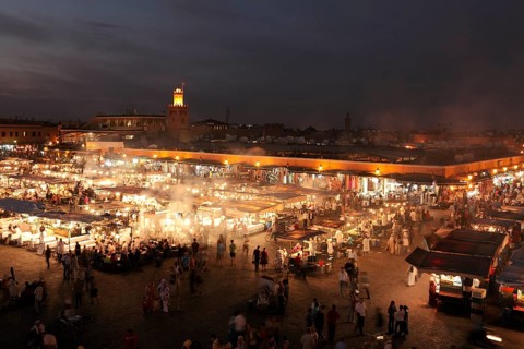 Restaurants in the evening on the Djemaa el Fna square in Marrakech, Morocco, Africa