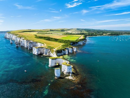White Cliffs of Old Harry Rocks Jurassic Coast from a drone, Dorset Coast, Poole, England, United