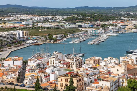 Above the rooftops of the old town of Eivissa, Ibiza Town, with views of the harbour, Ibiza,
